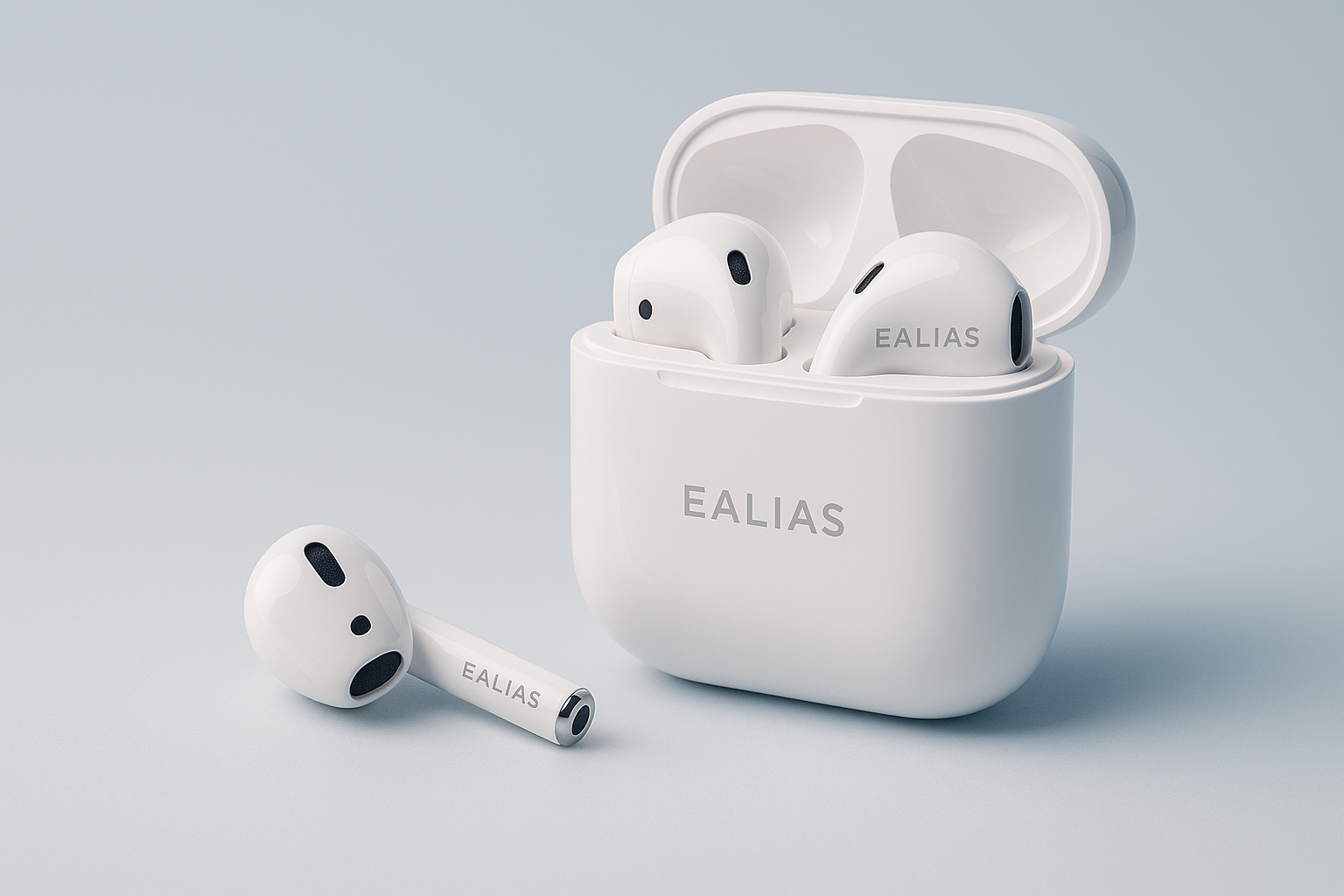 airpods with EALIAS branding need a light blue background